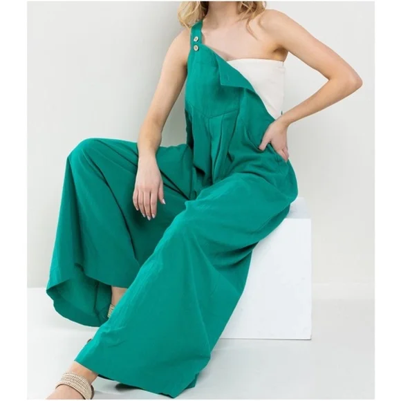 019 Teal Green Linen Button Wide Leg Jumpsuit - Picture 3 of 4